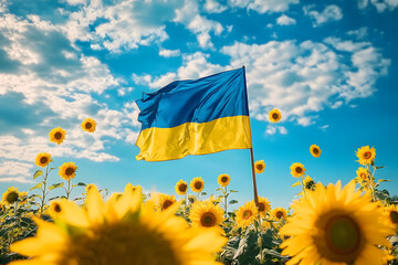 Wall Mural - Ukrainian flag against blue sky with sunflowers flying around for Ukraine Independence day August 24