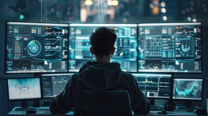 A person analyzes AI data at a multi-monitor setup while adjusting software parameters in a modern tech workspace