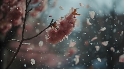 Wall Mural - Cherry blossoms in the wind slowly cascading down towards the ground  AI generated illustration