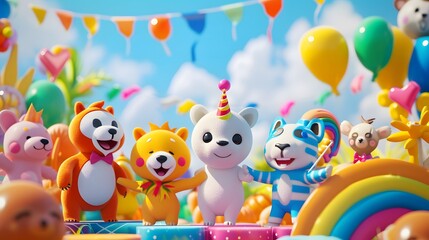 Wall Mural - Cheerful rainbow-colored animals having a carnival on a sunny day  AI generated illustration