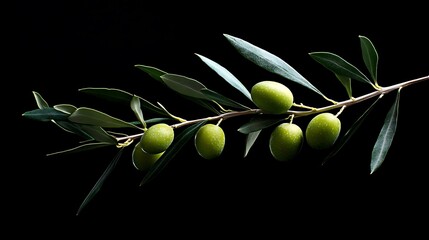 Canvas Print - Olive Branch with Green Olives on Black Background