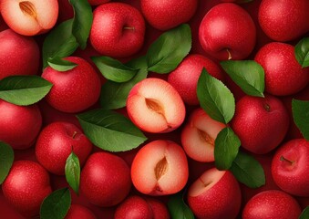 Wall Mural - Fresh red apples with vibrant green leaves, showcasing a variety of textures and colors, perfect for healthy food concepts.