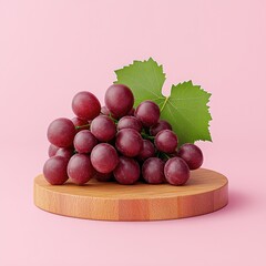 Wall Mural - Fresh red grapes arranged on a wooden platter with green leaves, perfect for healthy food and smoothie concepts.