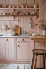 Wall Mural - Cozy minimalism in a country style kitchen with warm pastel tones  AI generated illustration