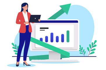 Poster - Successful businesswoman - Female business person woman standing in front of computer with rising chart and graph showing success and achievement. Flat design vector illustration on white background