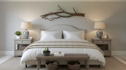 Wall Mural - A modern farmhouse bedroom with a rustic wooden branch wall decor above the bed. The bed has white pillows and is placed on a beige plaid rug.