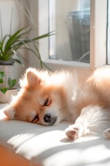 Wall Mural - Cozy Pomeranian puppy sleeping in a bright modern space  AI generated illustration