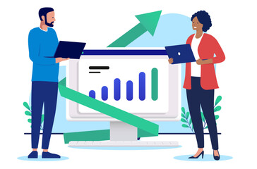 Aufkleber - Business success and growth - Two people standing in front of rising chart and graph on computer screen. Flat design vector illustration on white background