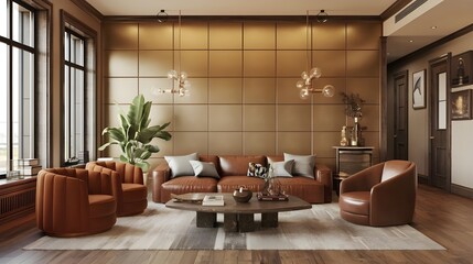 Wall Mural - A modern living room in the Hollywood Regency style, with rustic furniture. The room has a golden paneling wall and large windows.