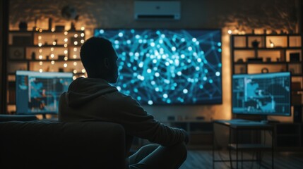 A man sits in a dimly lit room, intently observing a large digital network display. The cozy ambiance, accentuated by soft lighting, contrasts with the high-tech visuals, creating a contemplative and