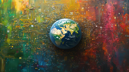 A 3D image of Earth, floating in space against a colorful, abstract background that looks like a circuit board.