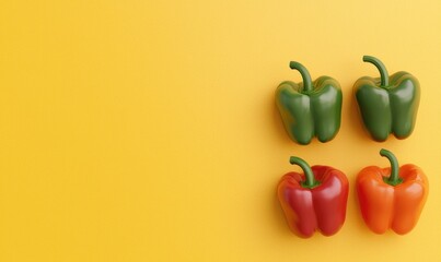 Wall Mural - Vibrant bell peppers in green, red, and orange on a bright yellow background, perfect for food and nutrition themes.