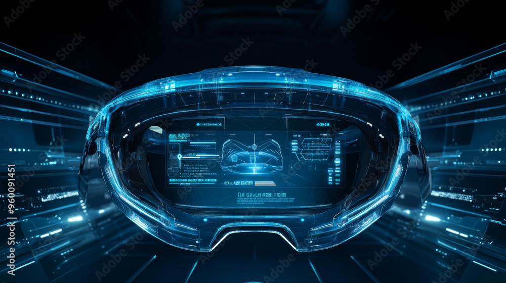 A blue virtual reality world with a futuristic headset. The headset has ...