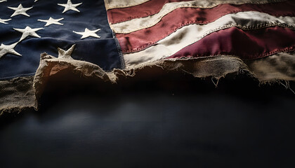 Poster - worn american flag is laying on a dark background symbolizing patriotism and history