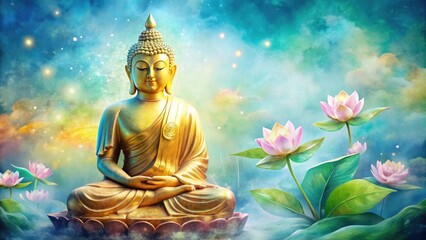 Serenene watercolor illustration of a peaceful golden Buddha statue set against a dreamy, soft-focus blue and green background with subtle lotus flowers.