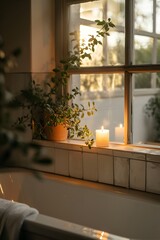 Wall Mural - Gentle warm candle glow in a simple minimalist bathroom  AI generated illustration