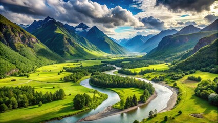 Wall Mural - Serene panoramic view of a lush green valley surrounded by majestic mountains, with a meandering river flowing gently through the heart of the landscape.