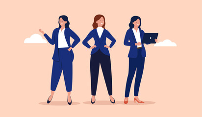 Businesswomen team - Group of three professional smiling women standing in professional business clothing. Flat design vector illustration