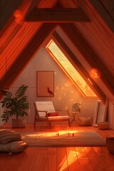 Sticker - Illustrate a minimalist corner view of a warm and cozy attic  AI generated illustration