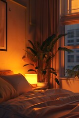 Wall Mural - Illustrate a minimalist tranquil warm-toned bedroom at twilight  AI generated illustration