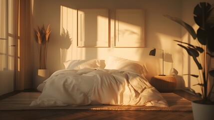 Sticker - Illustrate a minimalist tranquil warm-toned bedroom at twilight  AI generated illustration