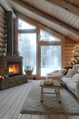 Wall Mural - Minimalist interior of a cozy log cabin covered in snow  AI generated illustration