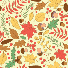 Wall Mural - Seamless pattern falling leaves, acorns, berries, mushrooms. Vector color autumn texture, isolated, hand drawn in doodle flat style. Concept of forest, leaf fall, nature, thanksgiving