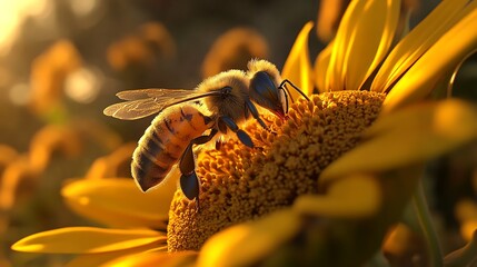 Wall Mural - A Honeybee Gathering Pollen on a Sunflower