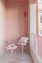 Wall Mural - Minimalistic pastel-colored balcony for cozy outdoor sitting  AI generated illustration