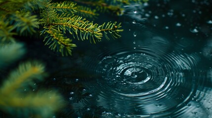 Wall Mural - Minimalistic slow drop of a raindrop making ripples in a pond  AI generated illustration