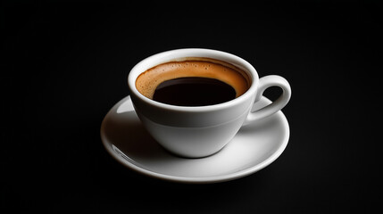 A cup of coffee rests on a white plate against a black background.