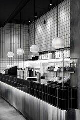 Sticker - Monochrome shot of a minimalist cafe serving warm pastries  AI generated illustration