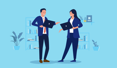 Fototapete - Businessman and businesswoman with laptops - Man and woman standing in office smiling, talking and holding computers in hand. Flat design business vector illustration with blue background