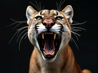 Wall Mural - close up portrait of roaring cougar, studio light , natural black plain background