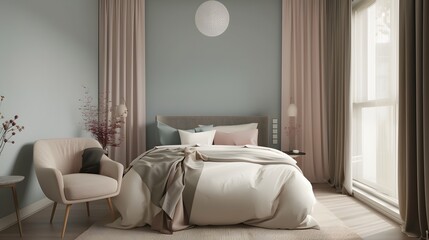 Wall Mural - Serene bedroom layout in pastel shades  AI generated illustration