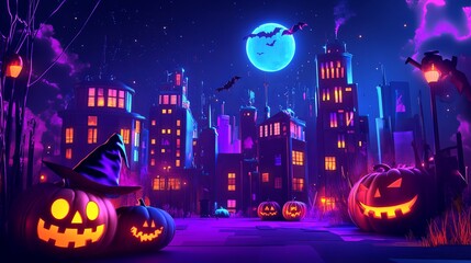 A spooky Halloween background featuring carved pumpkins with glowing lanterns and a dark, eerie atmosphere.