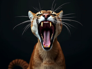 Wall Mural - close up portrait of roaring cougar, studio light , natural black plain background