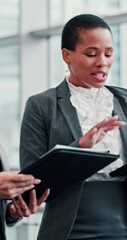 Poster - Business women, walking and office with conversation, talking and brainstorming for meeting at work. Female people, discussion and corridor as colleagues, employees and team for asset management firm