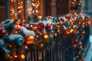 Wall Mural - A snow-covered balcony adorned with festive lights and garlands for the holidays.