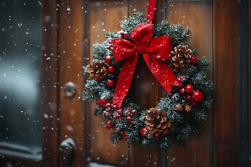 Wall Mural - A Christmas wreath with fir branches and red ribbons hangs on a wooden door, as snowflakes fall gently in the background.