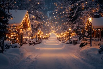 Wall Mural - A snow-covered village street aglow with festive lights, evoking a cozy winter atmosphere.