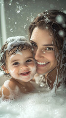 Wall Mural - A mother and her baby having fun in the bathtub, covered with soap foam, close-up shot, natural light, warm colors, soft focus effect, happy expressions on their faces, wide-angle lens, high-resolutio