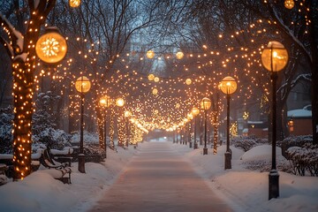 Wall Mural - A snowy park path illuminated by Christmas lights, creating a magical winter wonderland.