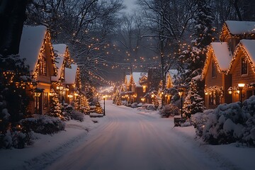 Wall Mural - A snow-covered street lined with houses adorned with Christmas lights.