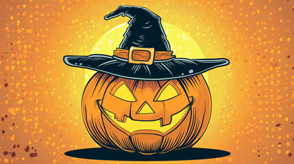 Pop art concept A pumpkin with a black hat on top and a light inside. The pumpkin is smiling