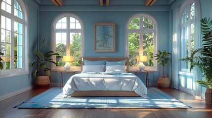 a bright and airy bedroom with light blue walls, large arched windows allowing natural light to floo