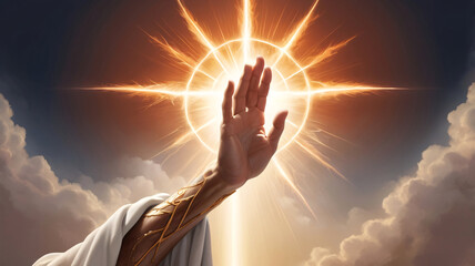 Divine hand reaching toward radiant sunburst, religious and spiritual concept.