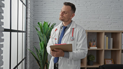 Canvas Print - Handsome hispanic doctor with a beard taking notes in a clinic office, evoking professionalism and healthcare setting.