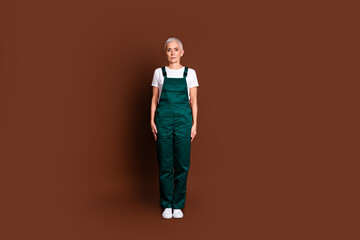 Sticker - Full length photo of lovely senior mechanic woman wear green overall isolated on brown color background