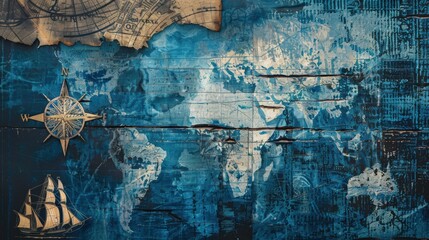 Old blue map collage background. Pirate, travel and nautical background.